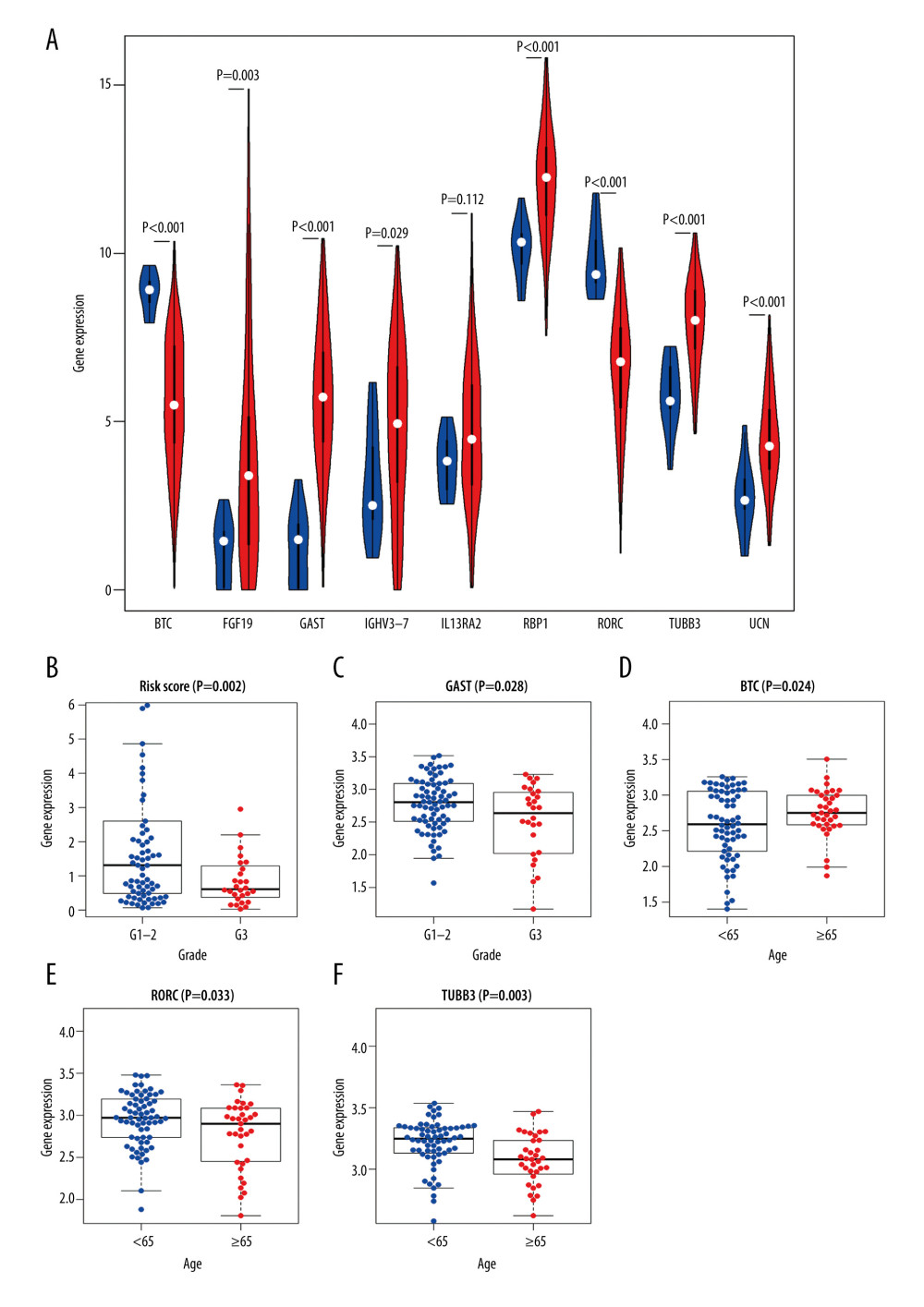 Clinical significance of immune-related differentially expressed genes (IRDEGs) signature in laryngeal squamous cell carcinoma (LSCC). (A) Violin plot showing the difference in expression levels of 9 IRDEGs between LSCC samples (red violin) and control samples (blue violin), based on Wilcoxon test. (B–F) relationship between IRDEGs of signature and clinical parameters. “Grade” means neoplasm histologic grade. Age was in years.