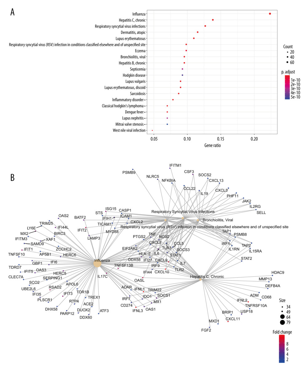 Disease enrichment analysis of DEGs in the intersection of RVA and RVC. (A) Disease enrichment analysis; (B) The interaction network between diseases and DEGs.