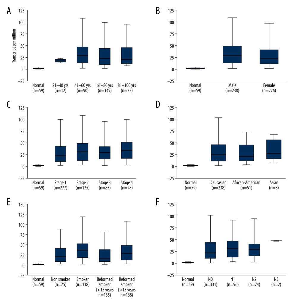 Association of TOP2A mRNA and pathological features in LUAD. (A) TOP2A mRNA with age (B). TOP2A mRNA with gender. (C) TOP2A mRNA with individual cancer stages. (D) TOP2A mRNA with race. (E). TOP2A mRNA with patient’s smoking habits. (F) TOP2A mRNA with nodal metastasis status. Box plots and P values (Table 1) of A–F were produced using UALCAN.