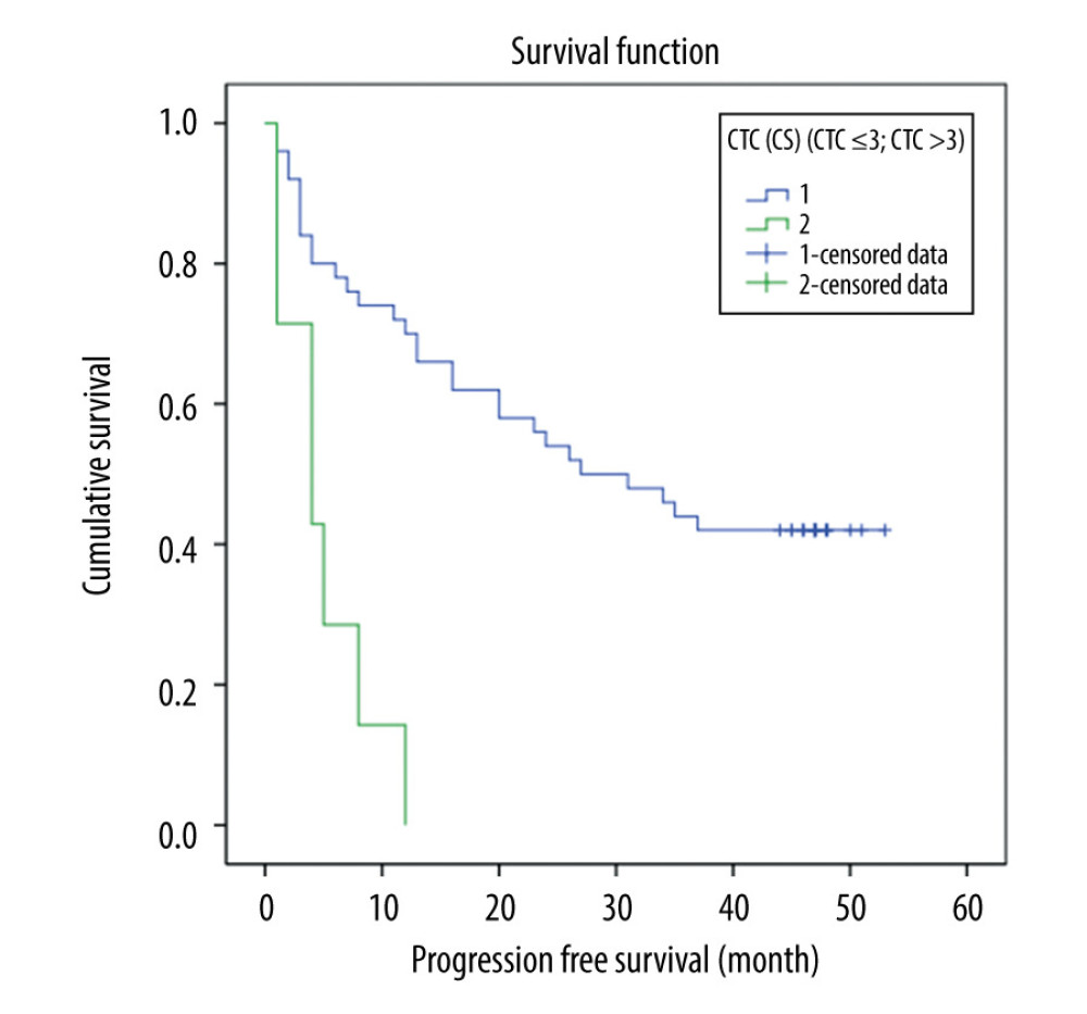 Correlation between circulating tumor cells (CTCs) detected with the CellSearch system and progression-free survival in 59 patients with gastric cancer (CTC ≤3 and CTC >3 group log-rank test, P<0.001).