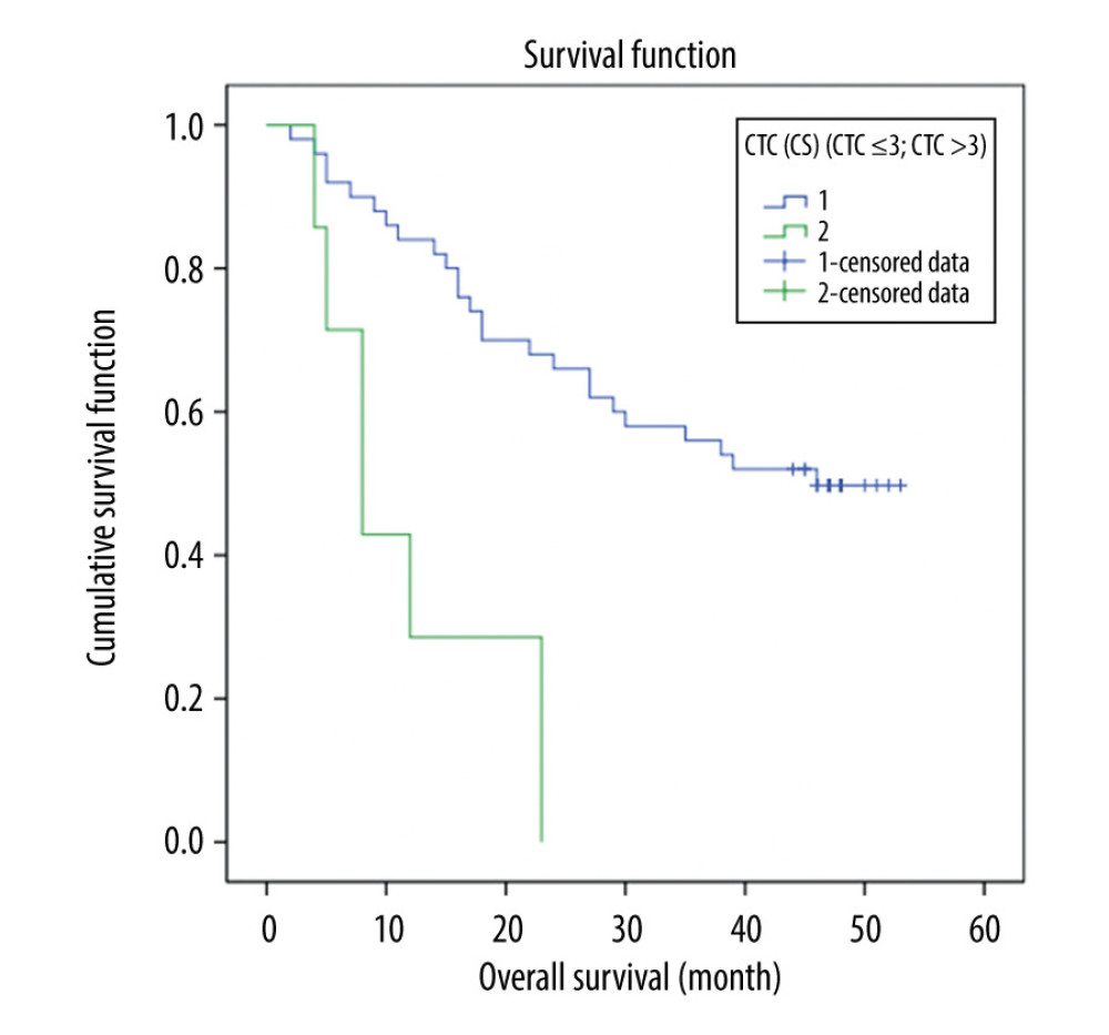 Correlation between circulating tumor cells (CTCs) detected with the CellSearch system and overall survival in 59 patients with gastric cancer (CTC ≤03 and CTC >3 group log-rank test, P<0.001).