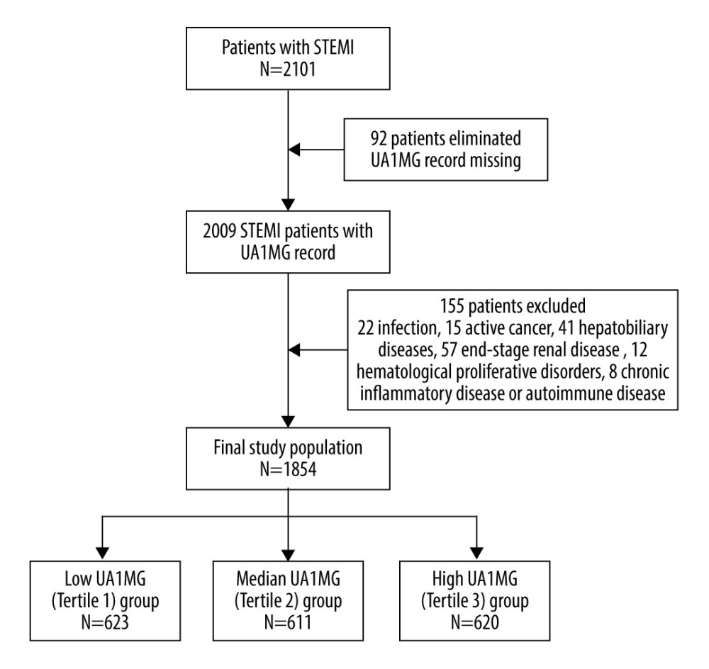 Flow chart illustrating the selection of study population. The final cohort consisted of 1854 patients with ST-elevated myocardial infarction (STEMI). UA1MG – urinary alpha1-microglobulin.