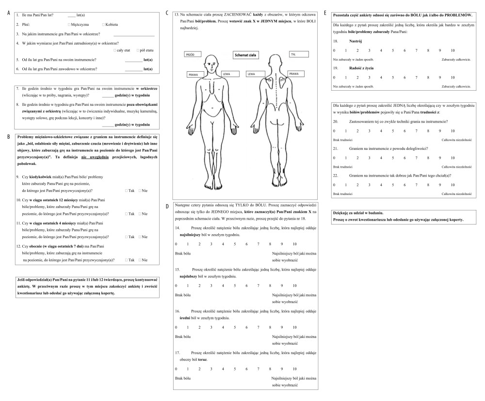 (A–E) The final version of the Musculoskeletal Pain Intensity and Interference Questionnaire for Musicians – Polish.