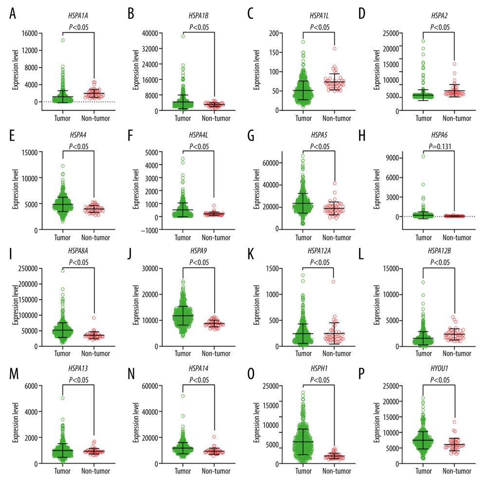 Expression levels of Hsp70 genes in colorectal cancer and normal colon tissue. (A) HSPA1A; (B) HSPA1B; (C) HSPA1L; (D) HSPA2; (E) HSPA4; (F) HSPA4L; (G) HSPA5; (H) HSPA6; (I) HSPA8; (J) HSPA9; (K) HSPA12A; (L) HSPA12B; (M) HSPA13; (N) HSPA14; (O) HSPH1; (P) HYOU1.