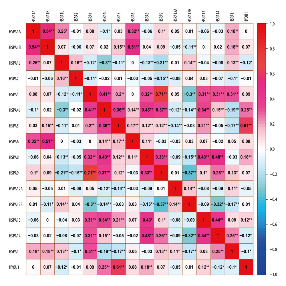 Pearson’s correlation analysis for HSPA1A, HSPA1B, HSPA1L, HSPA2, HSPA4, HSPA4L, HSPA5, HSPA6, HSPA8, HSPA9, HSPA12A, HSPA12B, HSPA13, HSPA14, HSPH1, and HYOU1.