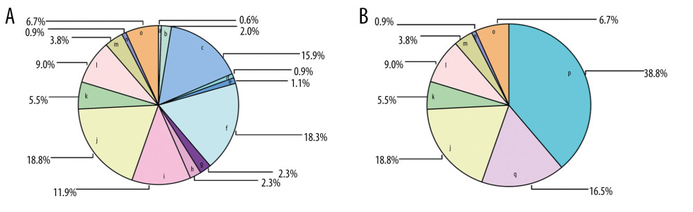 (A, B) The proportion of each cause of hospital-based violence. The causes of workplace violence and their representative letters (a–q) are the same as those reported in Figure 2.