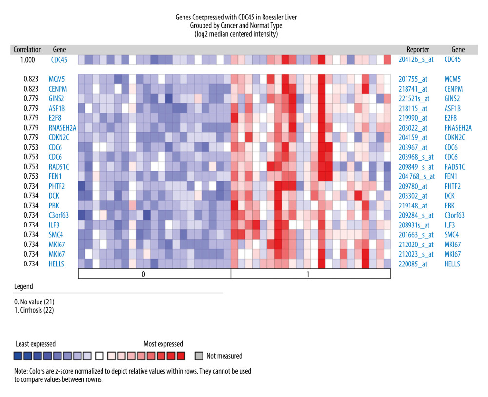 The co-expressed genes based on the Roessler Liver microarray. MCM5, CENPM, GINS2, ASF1B, E2F8, RNASEH2A, and CDKN2C were the top genes co-expressed with CDC45 in Roessler Liver.