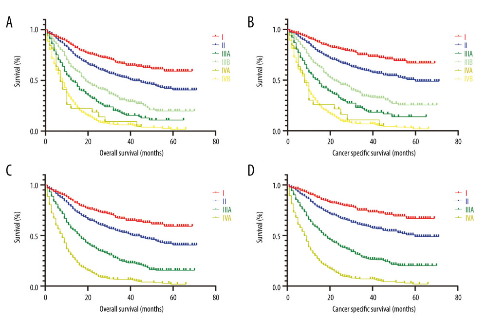 Kaplan-Meier survival curves for OS and CSS of patients with resected GBAC according to AJCC TNM staging system. (A) OS and (B) CSS with detailed substaging system; (C) OS and (D) CSS with overall staging system.