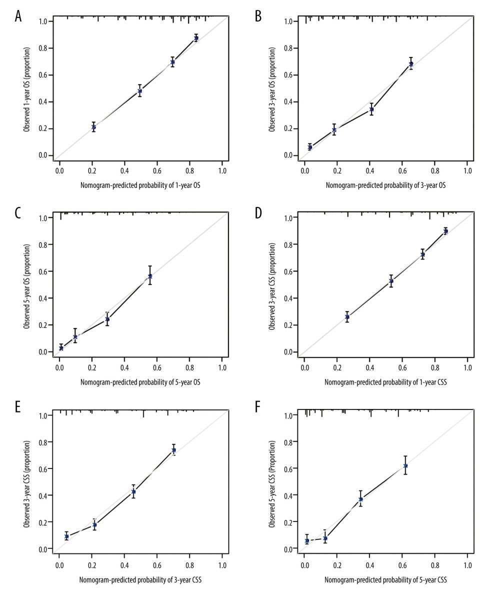 Calibration curves validation for resected GBAC. The calibration curves predict OS at (A) 1 years, (B) 3 years and (C) 5 years and CSS at (D) 1 years, (E) 3 years, (F) 5 years.
