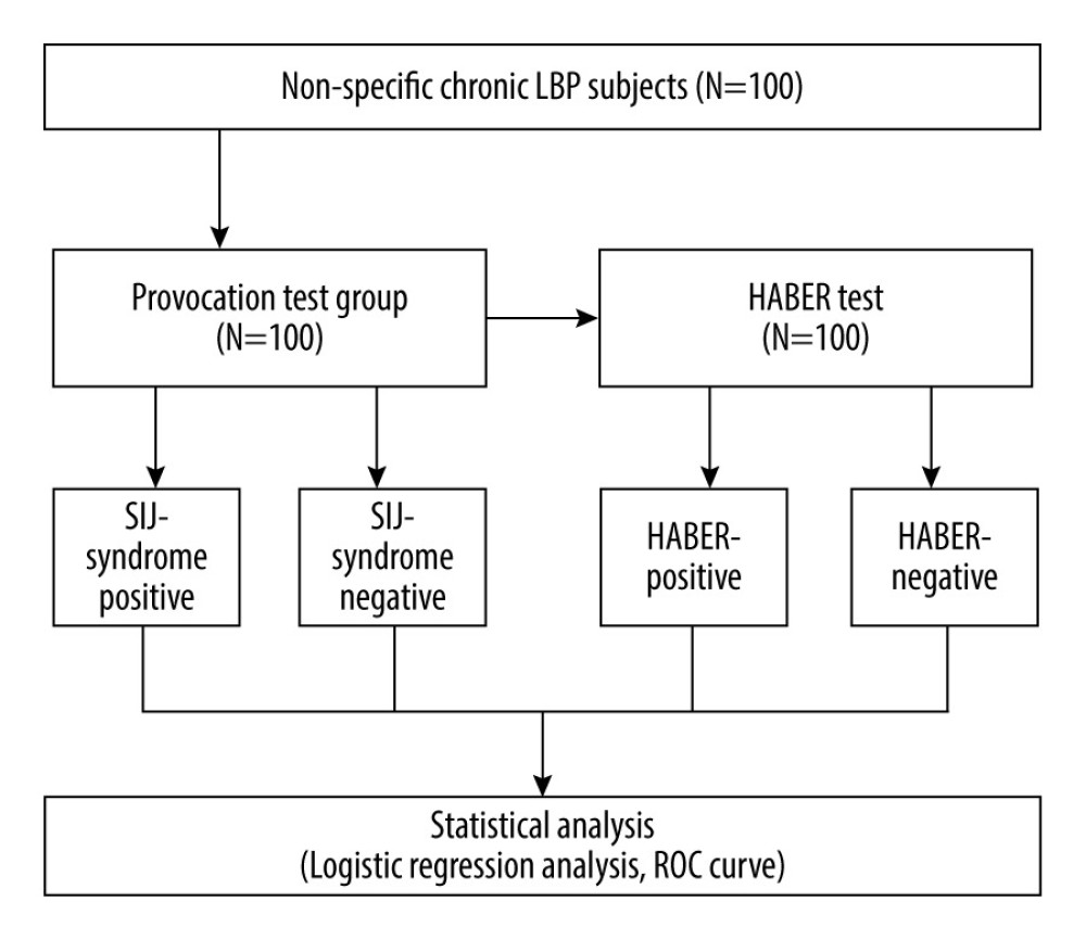 Study flow chart HABER. LBP, low-back pain; HABER, hip abduction and external rotation; SIJ – sacroiliac joint; ROC – receiver-operating characteristic.