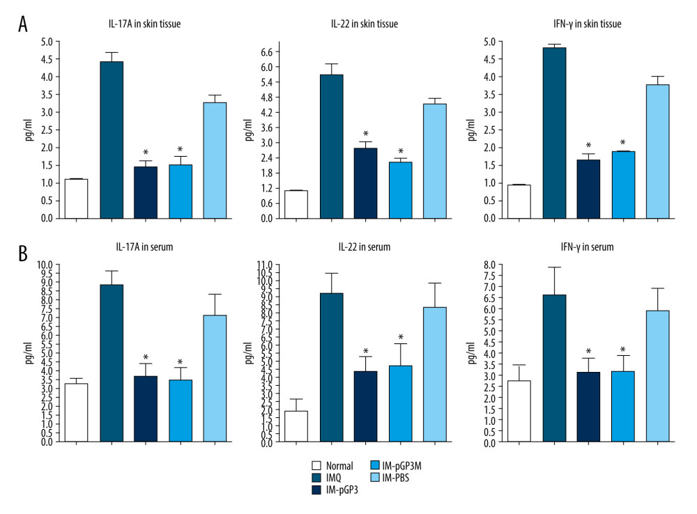 The cytokines levels in the serum and skin tissue were measured using ELISA. Data are presented as mean±standard deviation (8 mice/group). (A) The levels of IL-17A, IL-22, and IFN-γ in the skin lesions. * P<0.05 compared with the IM-PBS group. (B) The levels of IL-17A, IL-22, and IFN-γ in the serum. * P<0.05 compared with the IM-PBS group.