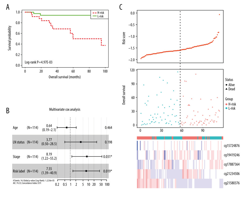 Evaluating the prognostic power of the 5-DMSs signature in the TCGA-TNBC cohort. (A) Kaplan-Meier survival curve of the high- and low-risk groups. (B) Multivariate analysis of risk factors for TNBC. (C) Distribution of risk score, survival status, and methylation heatmap of the 5-DMSs.