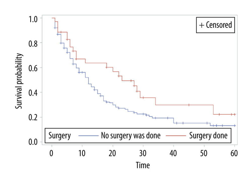 Overall survival of patients with brain metastasis by surgery status.