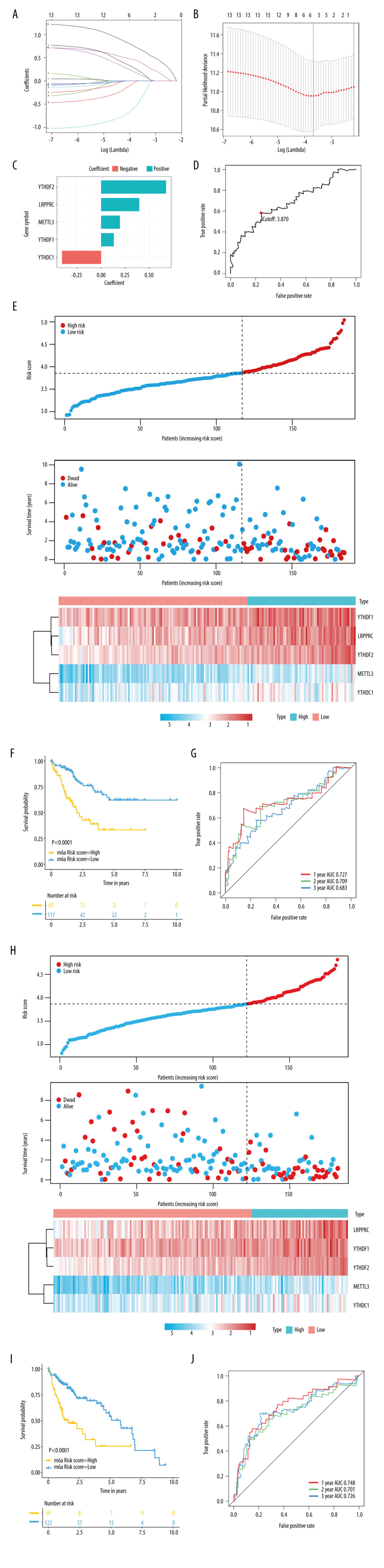 Establishment and validation of the prognostic panel using 5 N6-methyladenosine (m6A) modulators in The Cancer Genome Atlas (TCGA) cohort. (A, B) The least absolute shrinkage and selection operator (LASSO) Cox regression model identified 5 core prognostic m6A modulators in the TCGA training set. (C) The corresponding regression coefficients: YTHDF2, 0.6744; YTHDF1, 0.1318; YTHDC1, −0.4059; METTL3, 0.1954; and LRPPRC: 0.3962. (D) The optimal cutoff point (3.870) could distinguish patients with high and low risk. (E) Risk score distribution and survival overview for patients in the TCGA training set. (F) Prognostic analysis showed that the overall survival of patients was significantly lower in the high-risk score group than the low-risk score group in the TCGA training set. (G) Receiver operating characteristic curve was used to assess the predictive performance of m6A risk score. (H–J) The predictive performance of the m6A risk score was validated in the TCGA testing. R (version 3.6.1) software was used to create the pictures.