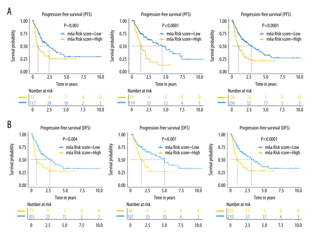 (A, B) Kaplan-Meier curves for progression-free survival and disease-free survival of patients with hepatocellular carcinoma (HCC) indicated that those with high N6-methyladenosine (m6A) risk scores had a worse outcome than did those with low m6A risk scores. R (version 3.6.1) software was used to create the pictures.