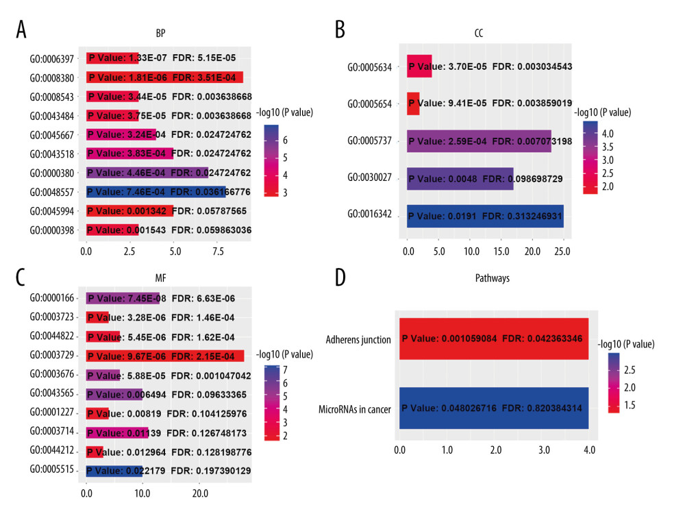 The functions of ESRP1 and text-mining genes significantly associated with ESRP1 alterations. The functions of ESRP1 and interaction genes significantly related to ESRP1 alterations were predicted by the analysis of Gene Ontology (GO) by Database for Annotation, Visualization and Integrated Discovery (DAVID). GO enrichment analyses were performed to predict the roles of target host genes based on 3 aspects, including (A) biological processes, (B) cellular components, and (C) molecular functions. (D) Kyoto Encyclopedia of Genes and Genomes (KEGG) analysis defined the pathways associated with the functions of ESRP1 alterations and the frequently altered interaction genes.
