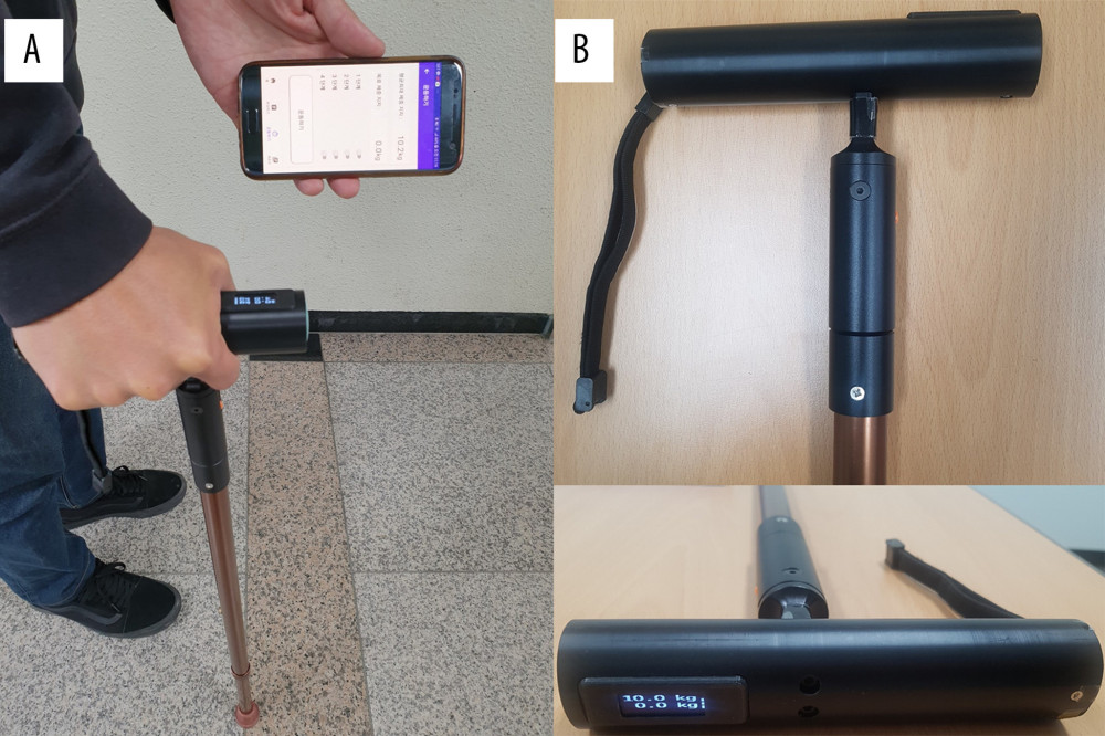 A weight support feedback cane (WSFC). The WSFC measures the cane dependence by a load cell located at the bottom of the WSFC handle, and the measured cane dependence is displayed on the WSFC handle (A) and smartphone application in real time (B).