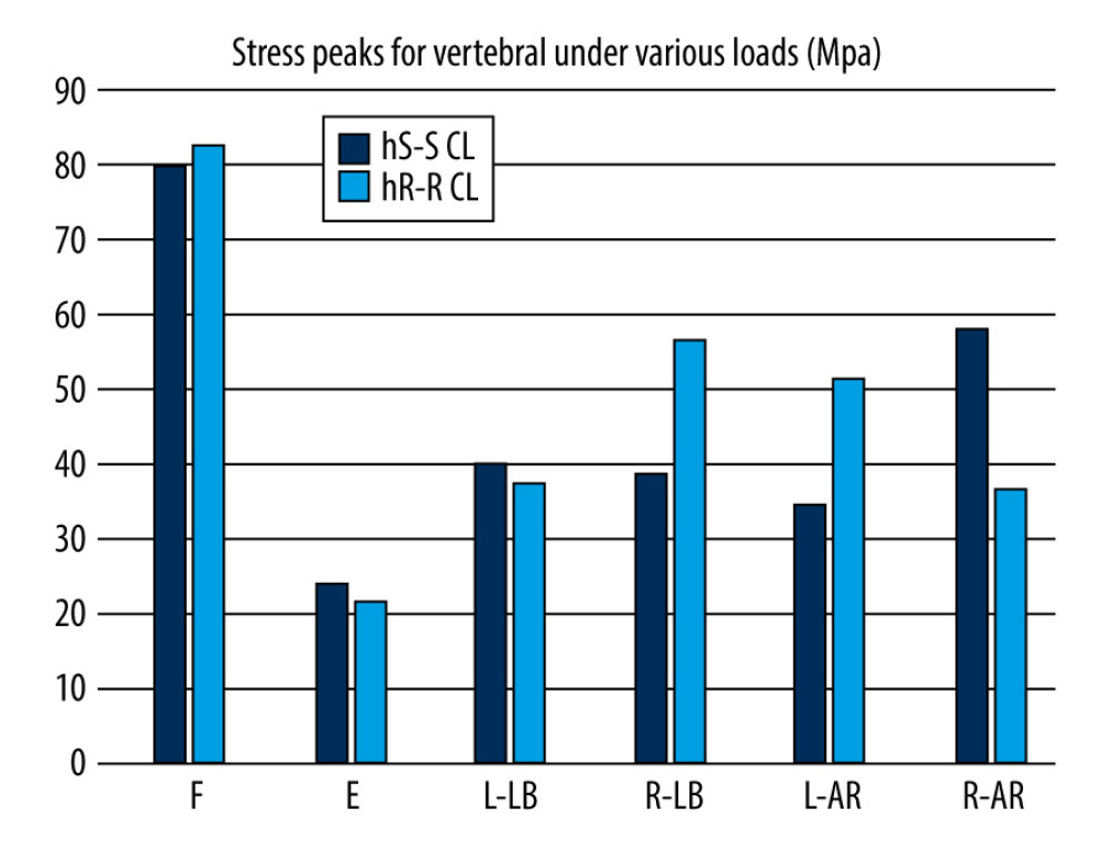 Comparison of stress peaks of vertebra.