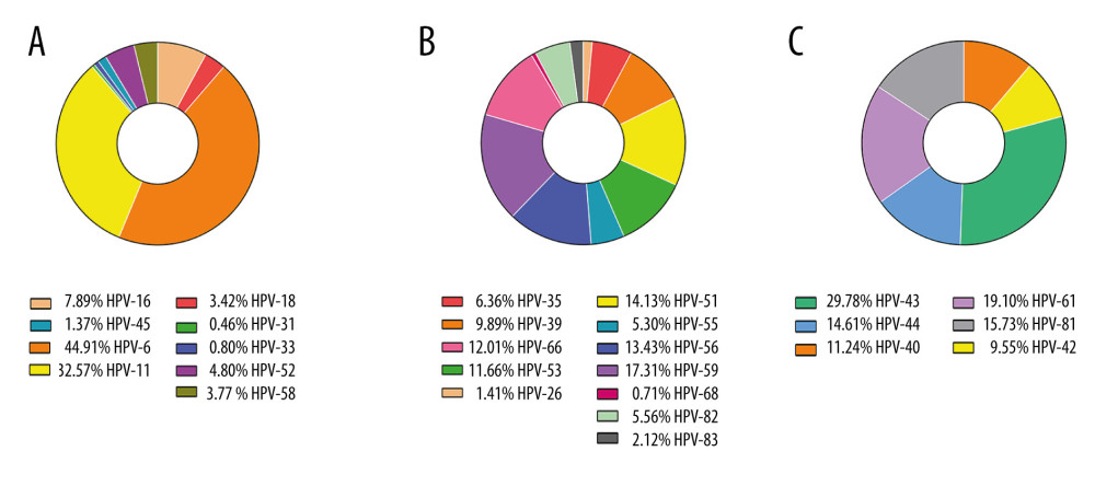 The detection rates among 9v HPV genotypes (A), non-9v HR-HPV genotypes (B) and non-9v LR-HPV genotypes (C).