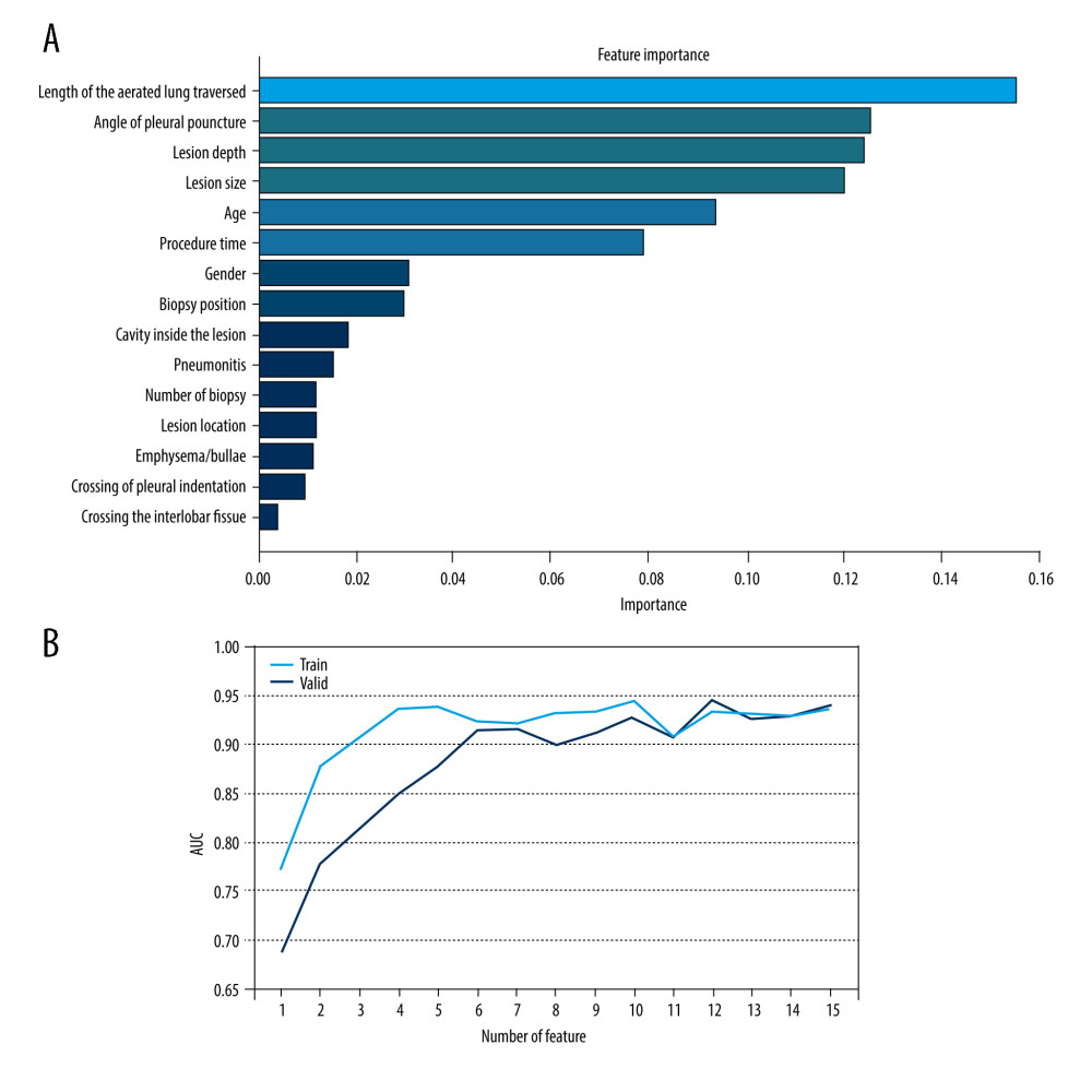 Feature selection. (A) Ranking of important risk factors for the prediction of pneumothorax. (B) Predictive performance (AUCs) of the RF models at each number of risk factors in the development data and the external validation date.