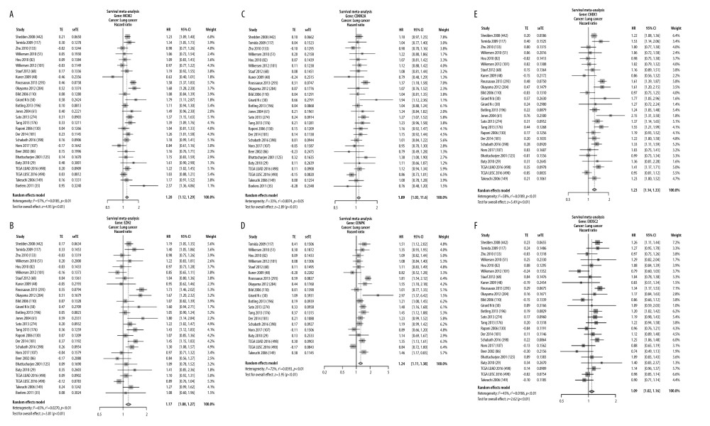 Validation of expression of the 6 potential biomarkers for the prognosis of SCLC in the LCE database. The forest plot presented the results of survival meta-analyses. (A) MCM2 was a risk factor in lung cancer (HR=1.20, 95% CI: 1.12–1.29). (B) EZH2 was a risk factor in lung cancer (HR=1.17, 95% CI: 1.08–1.27). (C) CDKN2A was a risk factor in lung cancer (HR=1.09, 95% CI: 1.03–1.16). (D) CENPK was a risk factor in lung cancer (HR=1.23, 95% CI: 1.11–1.38). (E) CHEK1 was a risk factor in lung cancer (HR=1.23, 95% CI: 1.14–1.33). (F) EXOSC2 was a risk factor in lung cancer (HR=1.09, 95% CI: 1.02–1.16). TE – log (HR); seTE – SE (log (HR)). (LCE database (http://lce.biohpc.swmed.edu/lungcancer/), meta-analyses module).