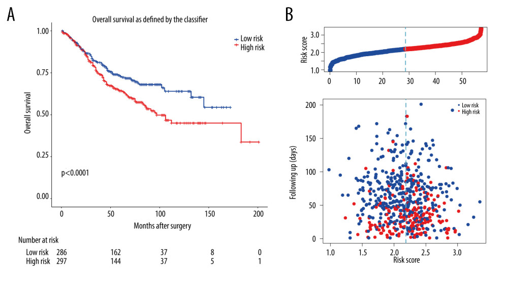 The validation of constructed prognostic model using GEO dataset. (A) The Kaplan-Meier survival curve describes a significant survival difference between the high-risk and low-risk groups in the prognostic model. (B) The risk score curve of CRC patients in GSE39582 and the survival status and survival time distribution according to the risk score.