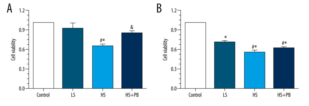 The viability analysis of different groups. (A) The viability results of different groups after the 24-h intervention. (B) The viability results of different groups after the 48-h intervention. Values displayed are mean±SD. (n=3 per group). * P<0.05 vs control group, # P<0.05 vs LS group, & P<0.05 vs HS group. LS – low salt; HS – high salt.