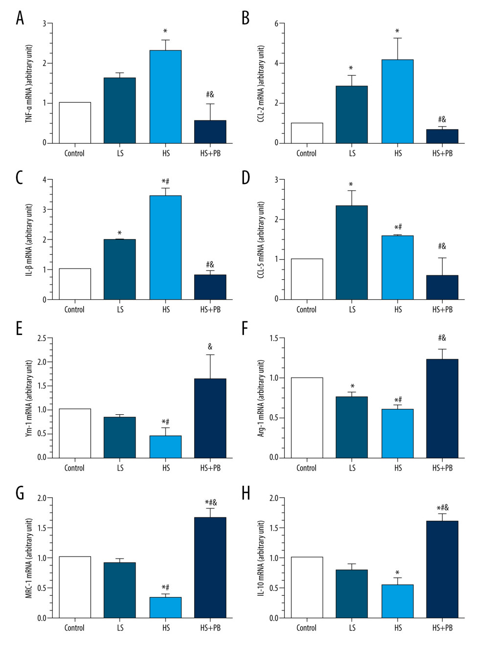 (A–H) The mRNA expression levels of macrophage phenotype-related inflammatory factors in different groups. Values displayed are mean±SD (n=3 per group). * P<0.05 vs control group, # P<0.05 vs LS group, & P<0.05 vs HS group. HS – high salt; LS – low salt