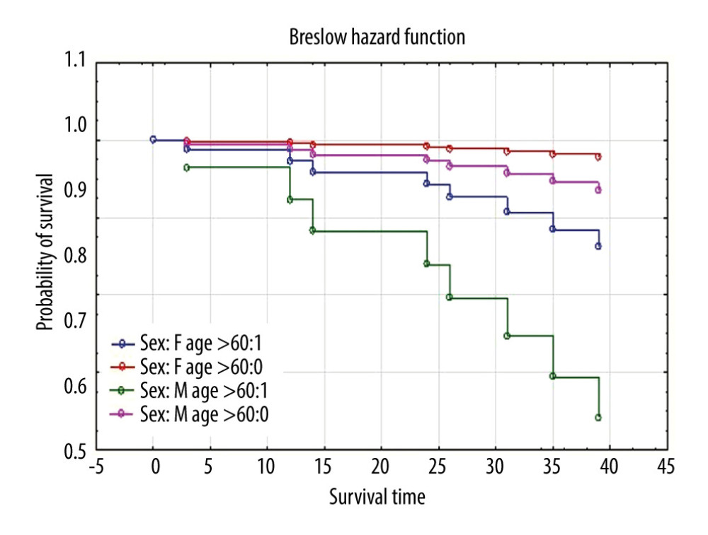 Breslow hazard function shows the difference in probability of survival between different age groups and sexes in time.