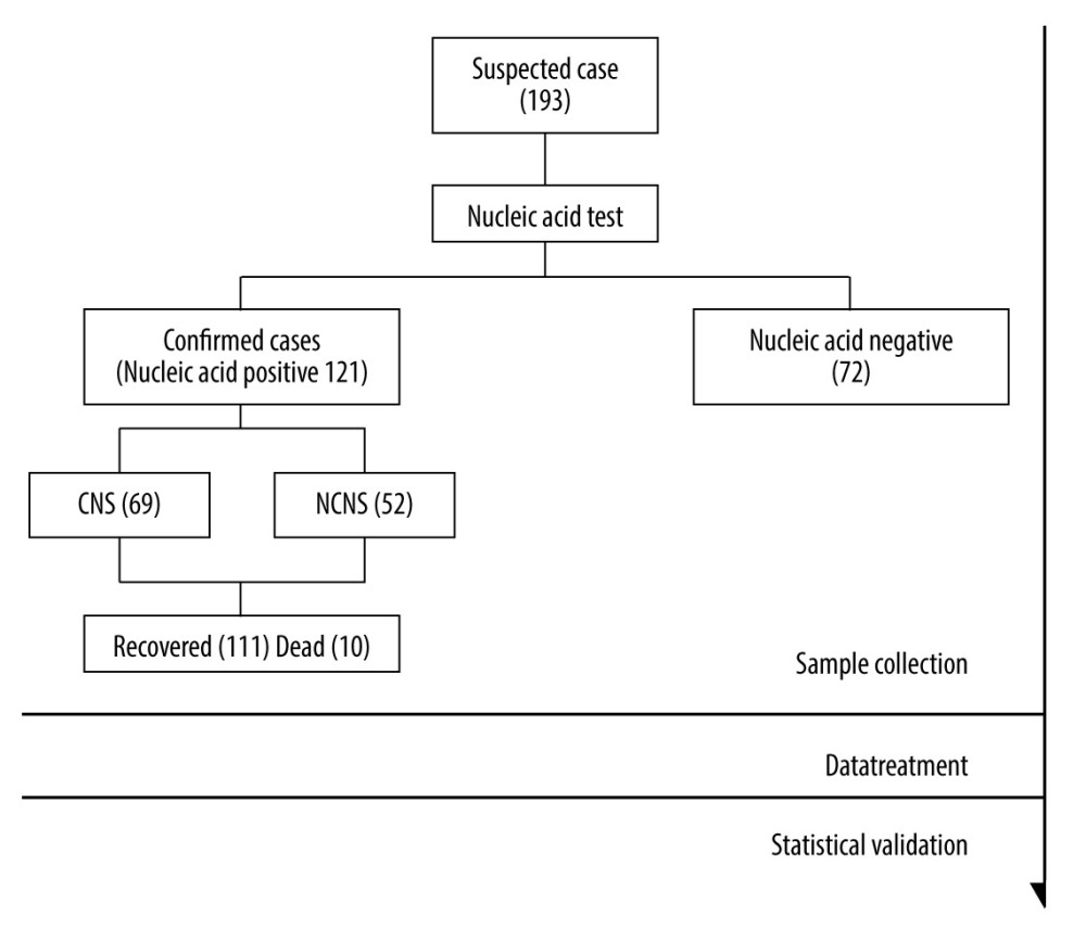 Research flowchart. Severe fever with thrombocytopenia syndrome nucleic acid tests were performed on the first or second day of admission. During hospitalization, ECG monitoring was performed daily and blood pressure and pulse were recorded. Clinical symptoms and signs of patients were recorded daily, with the focus on the observation of neurological symptoms. During the first and second weeks of hospitalization, routine blood, biochemical, urine, coagulation, and inflammatory indexes were checked daily. During the third and fourth weeks of hospitalization, laboratory tests were performed according to the patient’s condition. (Made by Microsoft office Word 2007, Microsoft USA).