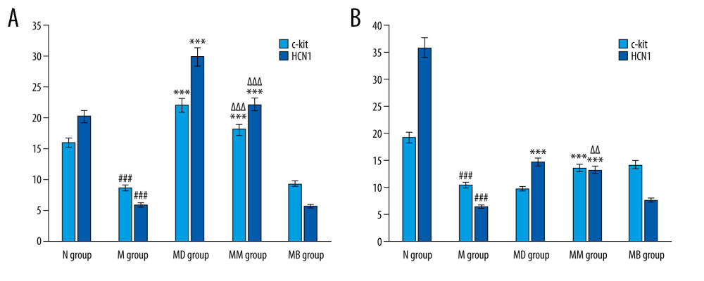 (A) Quantitative analysis of c-kit and HCN1 fluorescence luminance in gastric antrum of FD rats (n=3/group). (mean±SEM). (B) Quantitative analysis of c-kit and HCN1 fluorescence luminance in small intestine of rats (n=3/group). (mean±SEM). ### P<0.001 vs N group; *** P<0.001 vs M group; ΔΔ P<0.01 vs MD group; ΔΔΔ P<0.001 vs MD group.