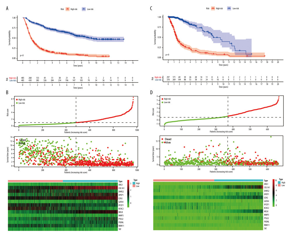 Risk score model construction and external validation. (A) Kaplan-Meier survival curves for overall survival (OS) in the Chinese Glioma Genome Atlas (CGGA) cohort. (B) Risk score, survival status of patients, and heat map of the expression profile for the oxidative stress-related genes (OSRGs) in the CGGA cohort. (C) Kaplan-Meier survival curves for OS in The Cancer Genome Atlas (TCGA) cohort. (D) Risk score, survival status of patients and heat map of the expression profile for the OSRGs in TCGA cohort. (R Studio, Version 1.2.5042, RStudio, Inc.).