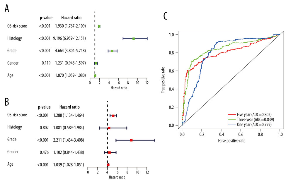 Independent prognostic analysis in The Cancer Genome Atlas: (A) Univariate Cox regression analysis. (B) Multivariate Cox regression analysis. (C) Receiver operating characteristic curves for predicting 1-, 3-, and 5-year overall survival. (R Studio, Version 1.2.5042, RStudio, Inc.).
