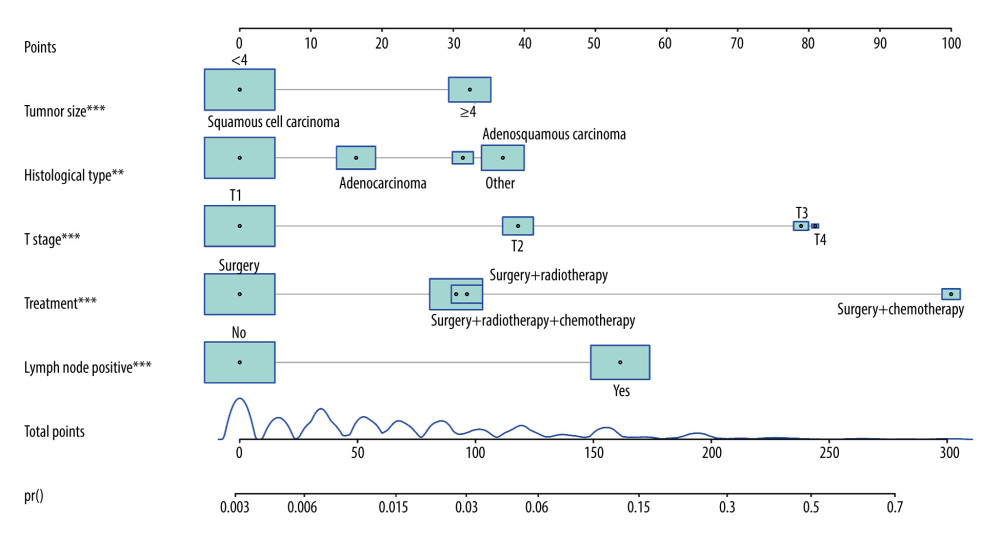 Nomogram prediction of postoperative metastasis. R software (version 4.0.2, R Foundation for Statistical Computing) was used for figure creation.