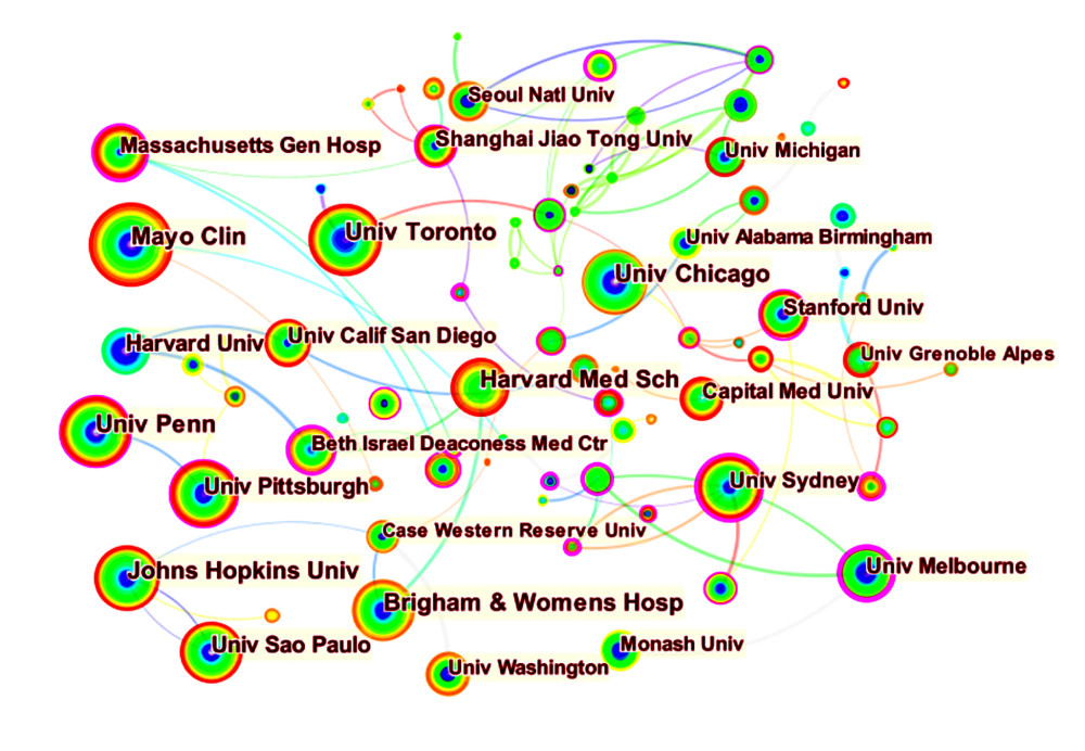 Co-occurrence map of institutions (N=265, E=369) (Citespace, Version 5.7 R5, University of Dressel, Chaomei Chen).