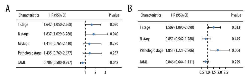 Multivariate Cox regression analysis of JAML expression and clinicopathologic characteristics with (A) overall survival (OS) and (B) progression-free survival (PFS) in LUAD. The figure was created using R statistical software (version 3.6.3).
