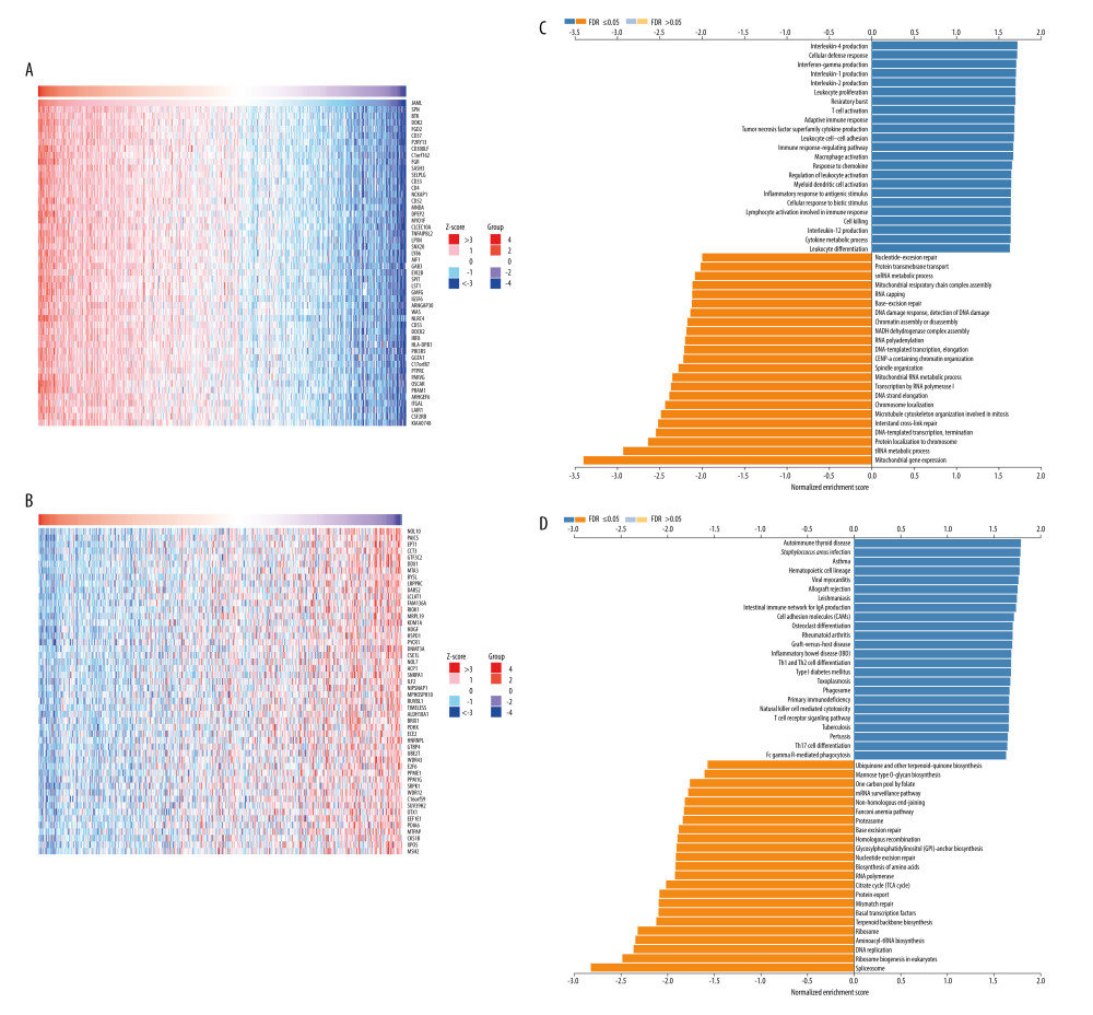 The co-expression genes with JAML in LUAD from the LinkedOmics database. (A, B) Heat maps of top 50 genes positively and negatively correlated with JAML in LUAD, respectively. (C, D) GO annotations and KEGG pathways of JAML in LUAD. The figure was created using the LinkedOmics database (http://www.linkedomics.org).