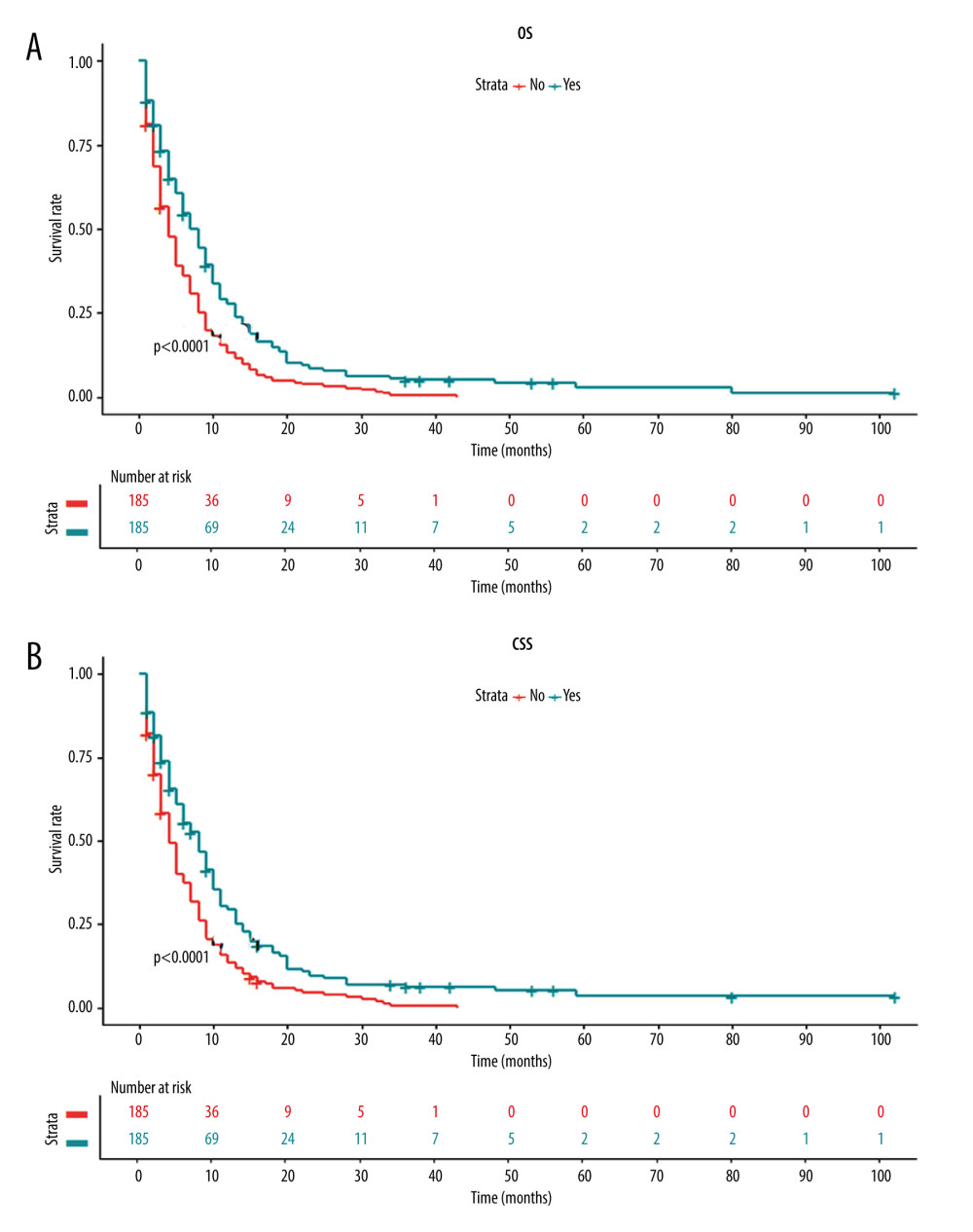 Kaplan-Meier curves for (A) overall survival and (B) carcinoma-specific survival stratified by primary tumor resection in the matched cohort.