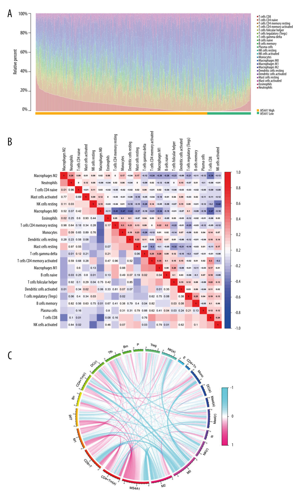 (A) We used the CIBERSORT algorithm to explore the relationship between the expression of MS4A1 and the immune microenvironment, and 22 kinds of immune cell profiles in BRCA samples were constructed. (B) Correlation between immune cells. (C) Correlation between 22 kinds of immune cell profiles and MS4A1.