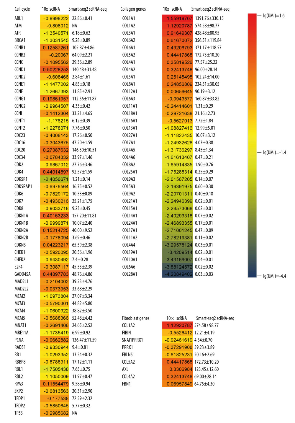 Gene expression of mesenchymal stem cells related to cell proliferation and collagen secretion. The data in the columns with color were from the 10x single-cell RNA sequencing (scRNA-seq) according to the unique molecular identifier (UMI) counting formulated by log10 for standardization. The Smart-seq2 scRNA-seq analysis results quantifying the gene expression are shown as mean±standard deviation. The 10x scRNA-seq survey matched the Smart-seq2 scRNA-seq very well.