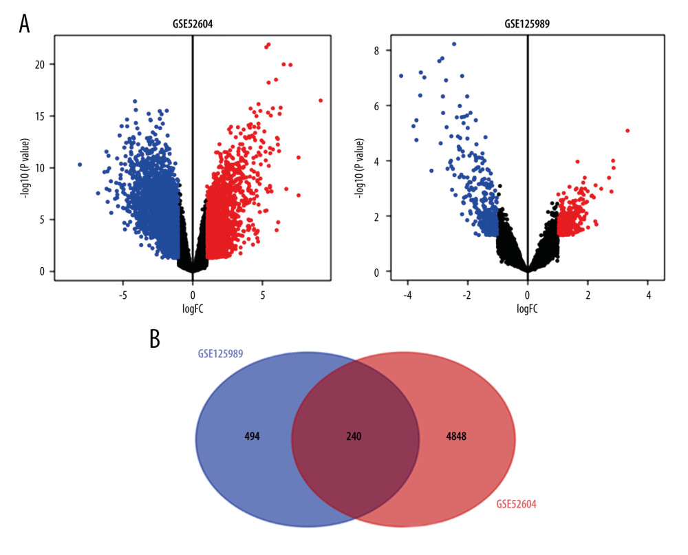 (A) Volcano plots and (B) Venn diagram of differentially expressed genes of 2 datasets (GSE52604 and GSE125989) by ggplot2 and Venn Diagram packages of R (version 4.1.1).