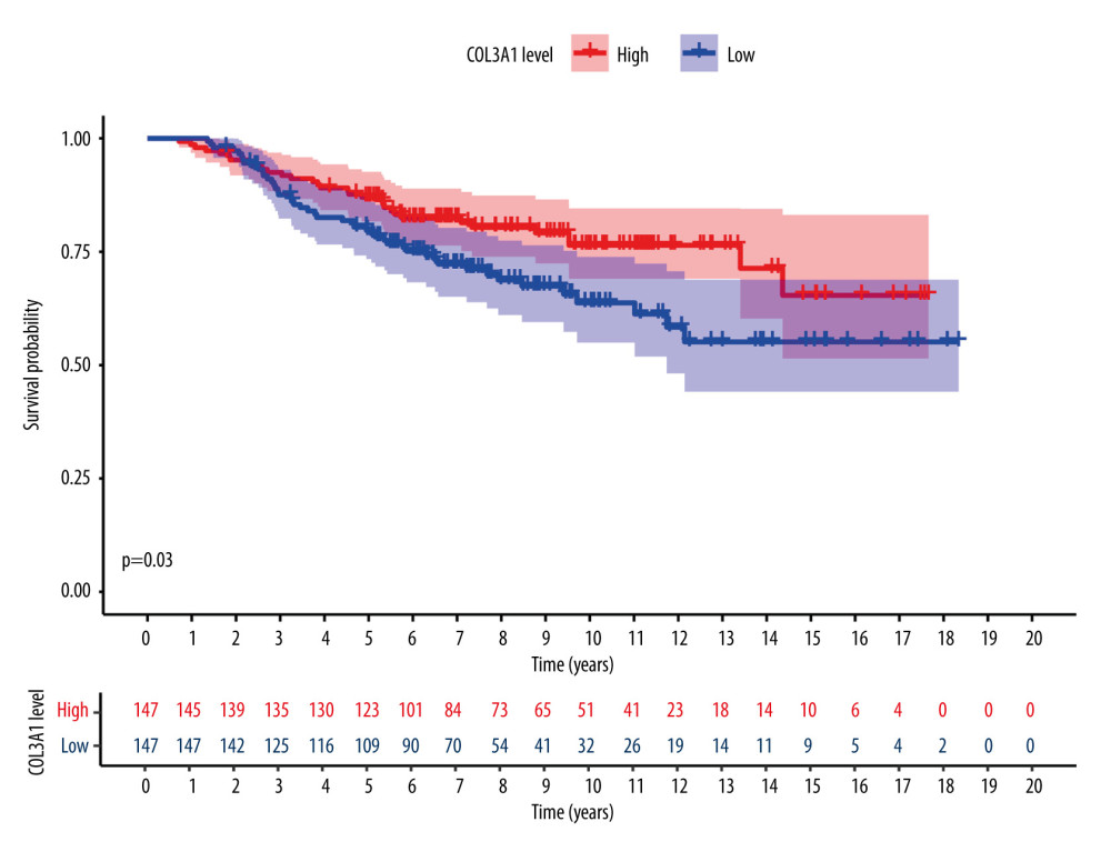 COL3A1 was shown to have predictive value with statistical significance in the validation study. The survival curve was created with Survival and Survminer packages of R.
