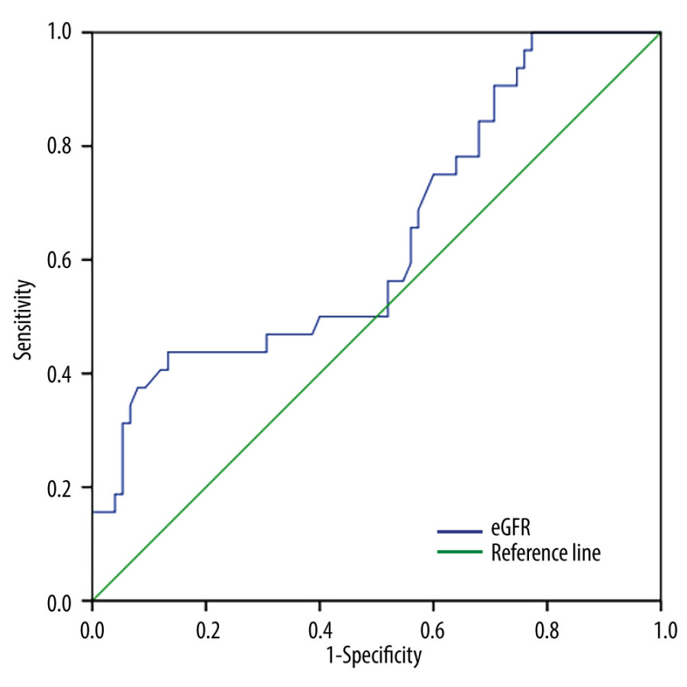 Receiver operating characteristic curve analysis showing the prognostic value of the estimate glomerular filtration rate in predicting contrast-induced acute kidney injury in patients with microalbuminuria. CI-AKI – contrast-induced acute kidney injury; eGFR – estimate glomerular filtration rate; MA – microalbuminuria; NA – normal albuminuria. (SPSS, 24.0, IBM).