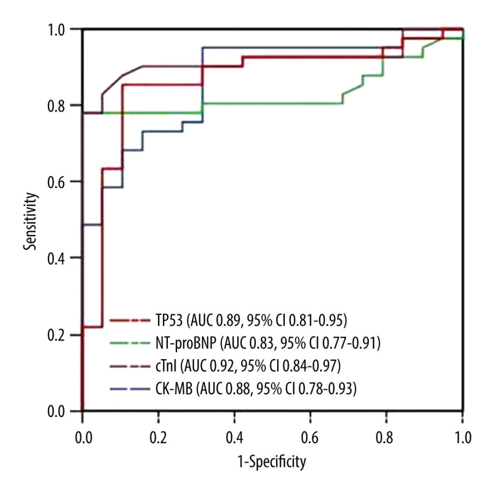 Receiver operating characteristic (ROC) curves for TP53, NT-proBNP, cTnI, and CK-MB in patients with secondary myocardial damage. ROC curves of TP53, NT-proBNP, cTnI, and CK-MB for determining myocardial damage. The area under the ROC curve and positive likelihood ratio (LR3 of TP53 were larger than that of NT-proBNP and CK-MB (P<0.05). Figures were generated using GraphPad software (GraphPad Software, La Jolla, CA, USA).