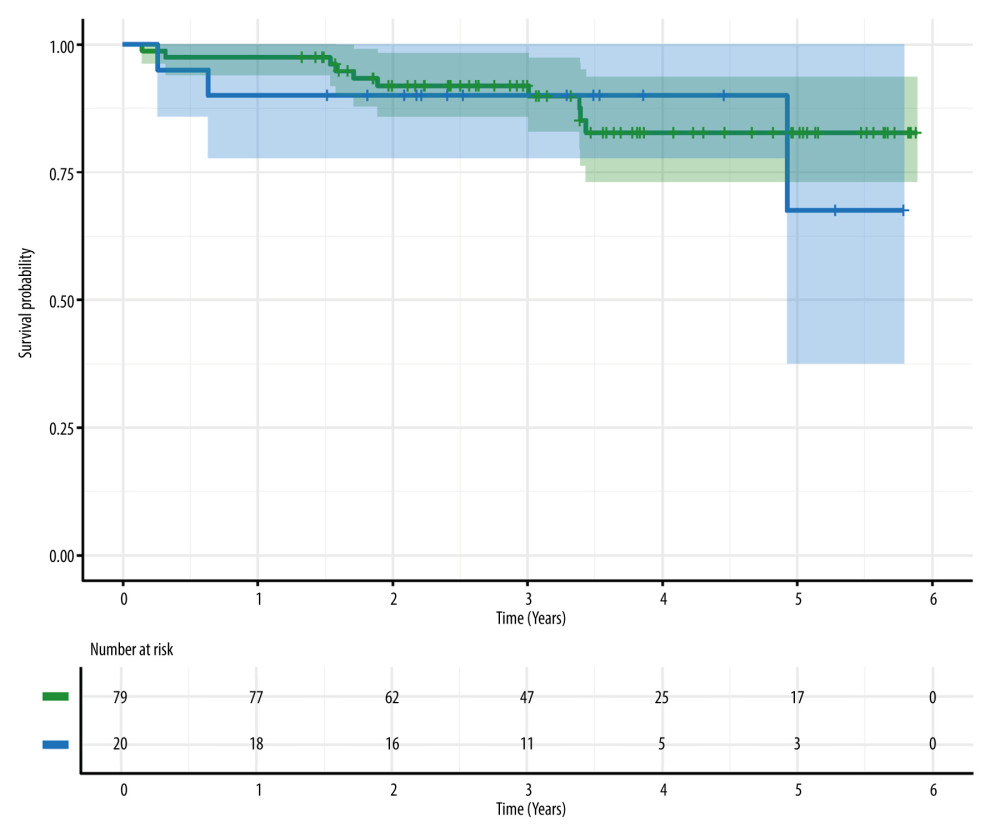 Results of Kaplan-Meier analysis of overall survival of kidney recipients (donors after brain death – green, donors after circulatory death – blue). No significant difference was found in overall survival between groups (log-rank test, P=0.750). Image created in R statistical software (version 4.1.1, The R Foundation).