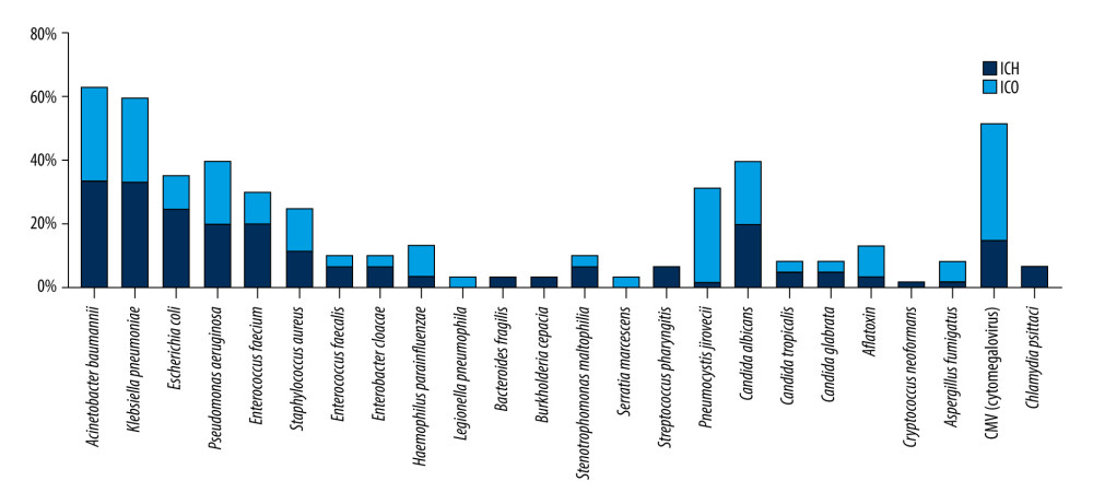 Frequency distribution of pathogens identified according to patient immune status. ICH – immunocompromised; ICO – immunocompetent. The figure was created by GraphPad Prism version 8.0.0 for Windows (GraphPad Software, San Diego, CA, USA).