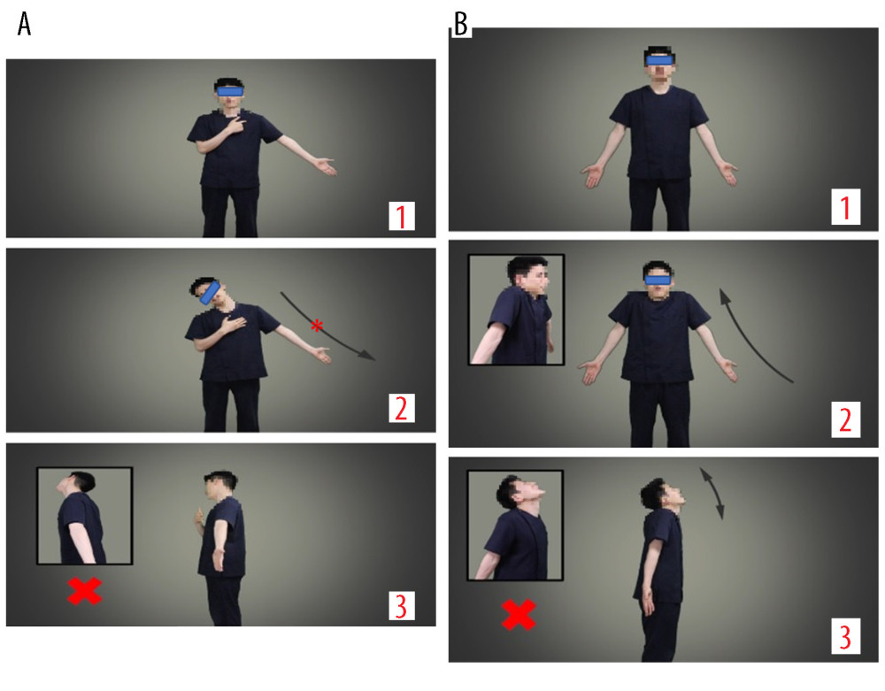 (A) Screenshot of educational video for self-upper-extremity neural mobilization. 1. Starting position; 2. End positton; 3. Wrong position. * Black arrows indicate the stretching direction of arm. (B) Screenshot of educational video for shrug exercise. 1. Starting position; 2. End positton; 3. Wrong position.