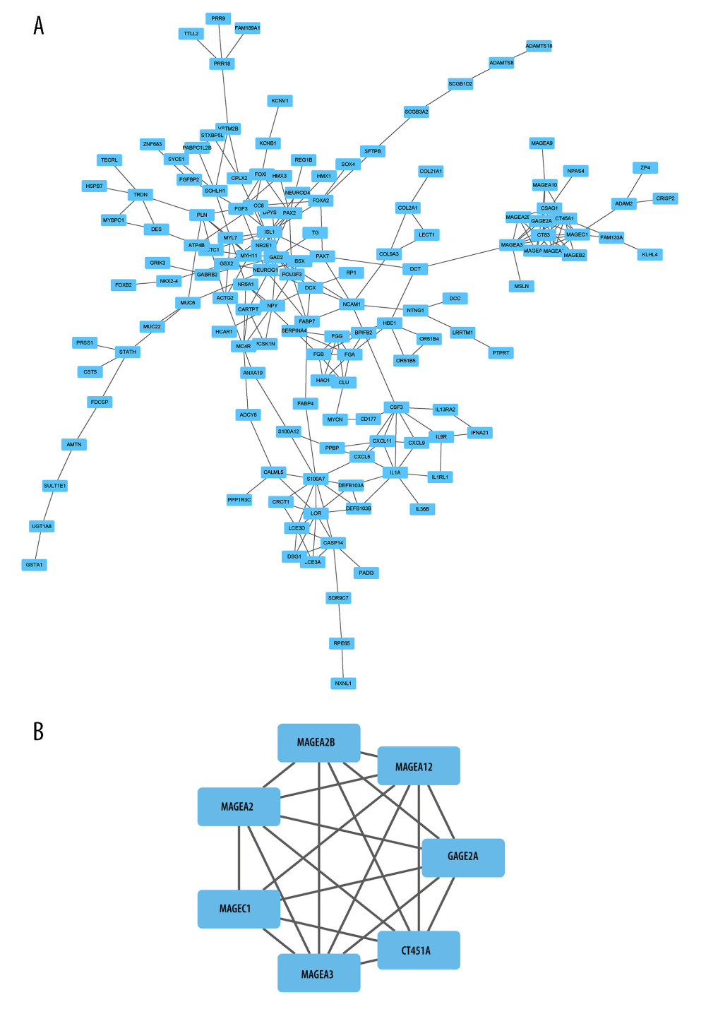 PPI network analysis based on the DEGs(A) PPI network analysis of DEGs. (B) The most significant module in the PPI network was identified by the MCODE plug-in.