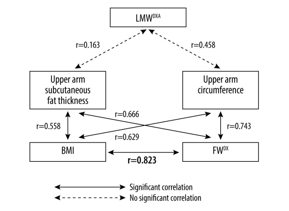 Statistical analysis for each correlation. Total fat weight (FWDXA) obtained by DXA strongly correlates with BMI. BMI – body mass index; DXA – dual-energy X-ray absorptiometry; FWDXA – total fat weight obtained by DXA; LMWDXA – limb muscle weight obtained by DXA; r – correlation coefficient.