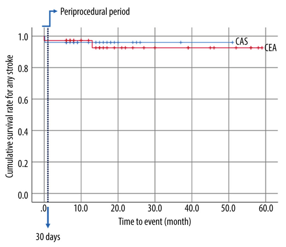 Kaplan-Meier event-free survival rate for strokeThe blue line represents “Periprocedural period” within 30 days after the procedure.